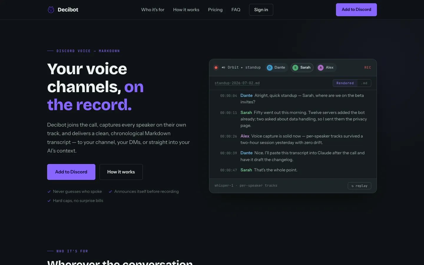 decibot.tech homepage, "Your voice channels, on the record" with a live transcript mockup