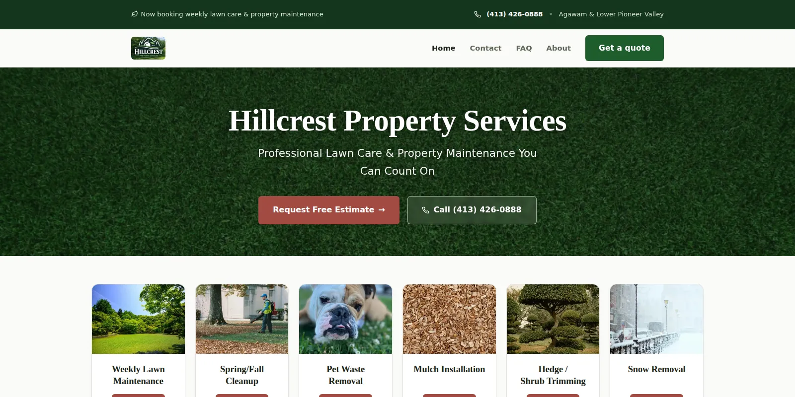 Hillcrest Property Services homepage, "Professional Lawn Care & Property Maintenance You Can Count On" over a green lawn hero with six service cards