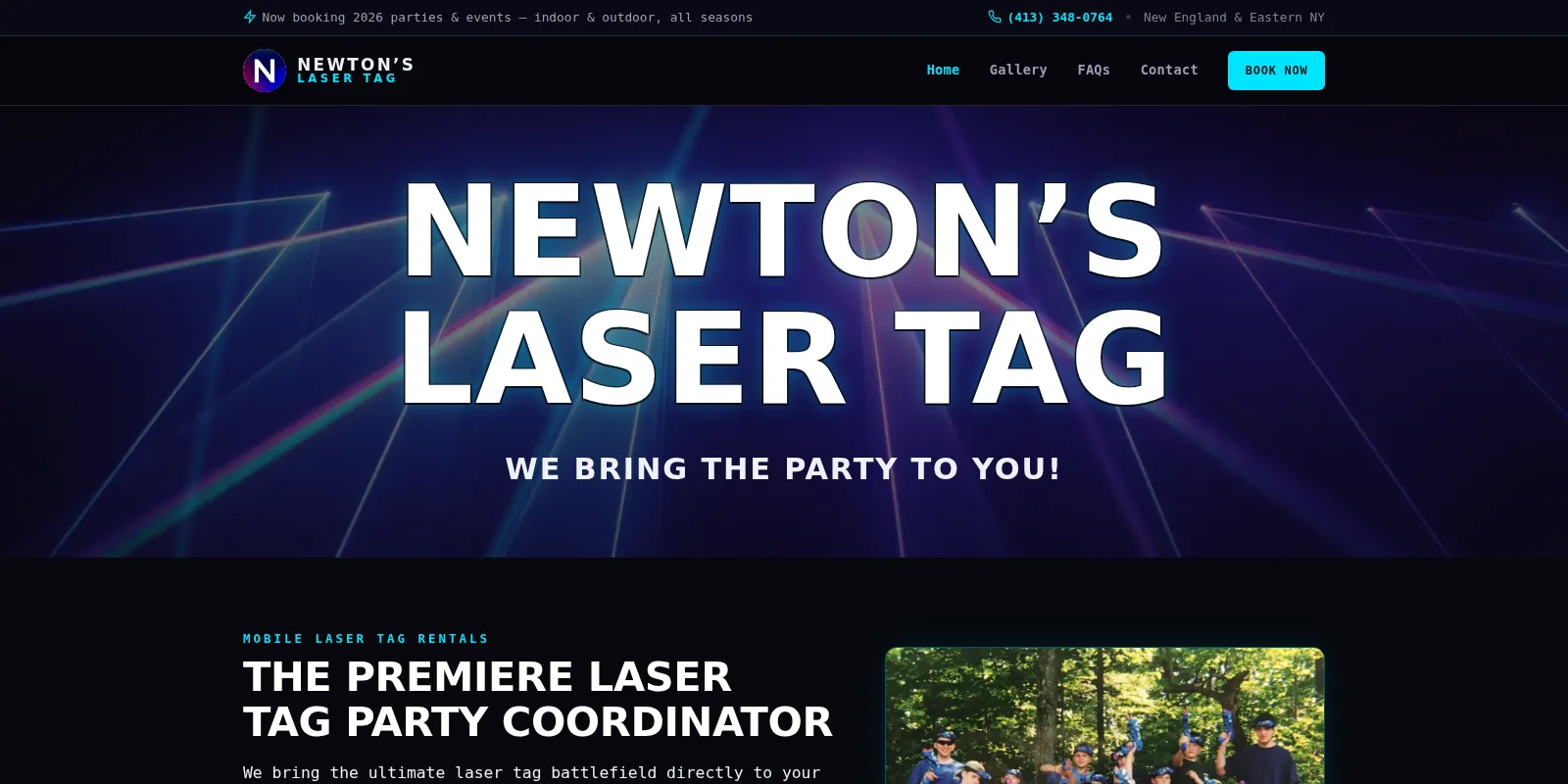Newton's Laser Tag homepage, outlined "NEWTON'S LASER TAG" over a laser-lit hero